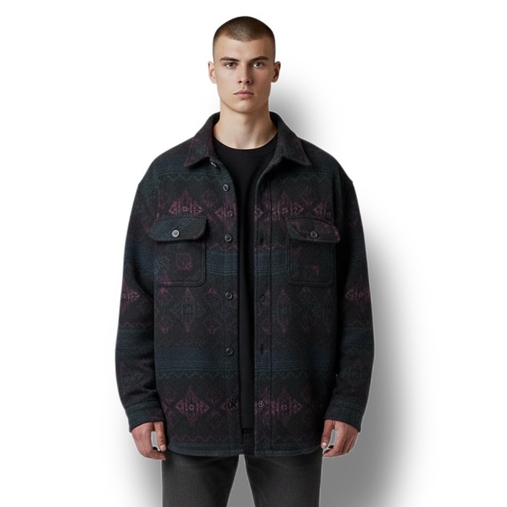 Jachs Mens Southwest Wool Blend Sherpa Lined Jacket Shacket Black/Purple XXL